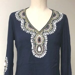 LILLY PULITZER NAVY BLUE TUNIC STYLE V NECK SHIRT HEAVILY BEADED 3/4 SLEEVE XS